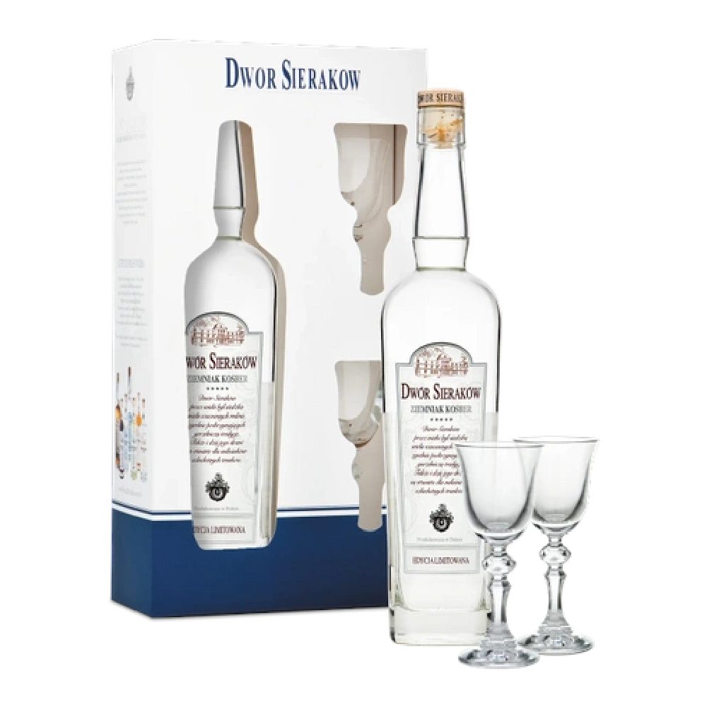 Dwór Sieraków Ziemniak Kosher 0,7 l w pudełku z dwoma kieliszkami